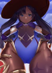 Rule 34 | 1girl, absurdres, black hair, breasts, from below, genshin impact, hands on own hips, hat, highres, long hair, looking at viewer, looking down, mona (genshin impact), nyahpa20, pantyhose, sky, small breasts, solo, thick thighs, thighs, twintails, witch hat