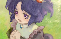 Rule 34 | 00s, 1girl, 3838383, aged down, brooch, clannad, dress, frills, grass, hair bobbles, hair ornament, ichinose kotomi, jewelry, open mouth, purple eyes, purple hair, short hair, short twintails, smile, solo, twintails, two side up, upper body