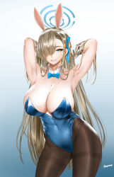 Rule 34 | 1girl, animal ears, armpits, arms behind head, arms up, artist name, asuna (blue archive), asuna (bunny) (blue archive), bare arms, blonde hair, blue archive, blue bow, blue bowtie, blue eyes, blue leotard, bow, bowtie, breasts, brown pantyhose, cleavage, commentary request, detached collar, easonx, fake animal ears, gloves, gradient background, grin, hair over one eye, hairband, halo, highres, huge breasts, leotard, long hair, looking at viewer, mole, mole on breast, pantyhose, partial commentary, playboy bunny, rabbit ears, revision, smile, solo, strapless, strapless leotard, traditional bowtie, very long hair, white gloves, white hairband