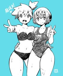 Rule 34 | 2girls, arm around waist, arm up, bare shoulders, bikini, blue background, blush, breasts, cleavage, collarbone, creatures (company), english text, game freak, hair ornament, hair tie, hairband, hand up, highres, kenron toqueen, lana (pokemon), legs apart, looking at viewer, medium breasts, midriff, misty (pokemon), monochrome, multiple girls, navel, nintendo, one-piece swimsuit, open mouth, outstretched arm, pokemon, pokemon (anime), pokemon sm042, pokemon sm (anime), ponytail, short hair, side ponytail, simple background, smile, standing, strapless, swimsuit, text focus, v, watermark, wet