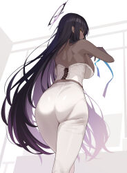 Rule 34 | 1girl, ass, back, backboob, bare arms, black hair, blue archive, blue ribbon, breasts, colored inner hair, dark-skinned female, dark skin, enosan, floating hair, from behind, halo, highres, karin (blue archive), large breasts, long hair, looking back, multicolored hair, pants, pantylines, purple hair, ribbon, solo, standing, very long hair, white pants, yellow eyes