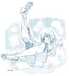 Rule 34 | 1girl, android, bath, bathing, bathtub, blue background, blush, bob cut, foot up, highres, hololive, in water, leg up, legs, mechanical parts, monochrome, nosir onadat, nude, numbered, open mouth, roboco-san, mechanical legs, shampoo bottle, sitting, soap bubbles, solo, steam, thighs, virtual youtuber, washing feet, white background