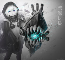 Rule 34 | 1girl, abyssal ship, artist name, bikini, breasts, cannon, colored skin, commentary request, extra mouth, flaming eyes, greyscale, hood, hood up, jurrig, kantai collection, long sleeves, looking at viewer, monochrome, navel, parted lips, purple eyes, re-class battleship, scarf, short hair, small breasts, smile, solo, spot color, standing, swimsuit, translation request, white hair, white skin, zipper