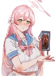 Rule 34 | 1girl, blue archive, blue sailor collar, blush, bow, bow (bhp), box, breasts, censored, chocolate, closed mouth, green eyes, hair between eyes, hair bow, halo, hanako (blue archive), holding, holding box, long hair, mosaic censoring, navel, pink hair, sailor collar, school uniform, serafuku, simple background, smile, solo, upper body, white background, white serafuku