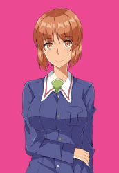 Rule 34 | 1girl, blue jacket, brown eyes, brown hair, closed mouth, commentary, girls und panzer, green shirt, hand on own arm, highres, jacket, long sleeves, looking at viewer, military, military uniform, nishizumi miho, olly (ollycrescent), ooarai military uniform, pink background, shirt, short hair, simple background, smile, solo, uniform, upper body