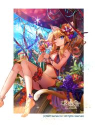 Rule 34 | 2girls, age of ishtaria, animal ears, bikini, blonde hair, blue eyes, bridal garter, cat ears, cat tail, copyright notice, drinking straw, feet, fish, flower, food, fruit, glass, hair flower, hair ornament, long hair, looking at viewer, mizushirazu, multiple girls, official art, one eye closed, palm tree, silver hair, sitting, solo focus, swimsuit, tail, toes, tree