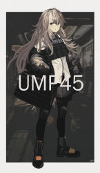Rule 34 | 1girl, absurdres, armor, bag, black footwear, black jacket, black pantyhose, boots, brown eyes, brown hair, character name, closed mouth, clothes pull, girls&#039; frontline, grey skirt, griffin &amp; kryuger, grifon &amp; kryuger, h&amp;k ump, highres, jacket, jacket pull, kanoe (kanoe502), long hair, looking at viewer, pantyhose, shirt, simple background, skirt, smile, solo, standing, ump45 (girls&#039; frontline), white shirt