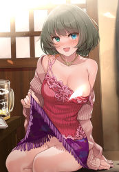 Rule 34 | 1girl, alcohol, aqua eyes, bare shoulders, beer mug, blush, breasts, censored, cleavage, collarbone, cup, green hair, heterochromia, highres, idolmaster, idolmaster cinderella girls, jewelry, large breasts, long sleeves, looking at viewer, mk (mod0), mole, mole under eye, mug, necklace, no panties, off shoulder, open mouth, purple skirt, red shirt, shirt, short hair, sitting, skirt, smile, solo, takagaki kaede, thighs
