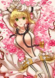 Rule 34 | 1girl, ahoge, arms up, bad id, bad pixiv id, belt, blonde hair, blush, bodysuit, breasts, chain, fate/extra, fate/extra ccc, fate (series), flower wreath, full-length zipper, green eyes, hair between eyes, hair intakes, head wreath, highres, kankitsurui (house of citrus), large breasts, lock, long hair, looking at viewer, loose belt, lying, navel, nero claudius (bride) (fate), nero claudius (fate), nero claudius (fate) (all), on back, open mouth, padlock, solo, thighs, veil, white bodysuit, zipper, zipper pull tab