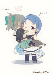 Rule 34 | 2girls, artist name, blue eyes, blue hair, blue legwear, bow, carrying, chibi, commentary request, elbow gloves, gloves, green hair, hair bow, kantai collection, long hair, mae (maesanpicture), multiple girls, one eye closed, pantyhose, princess carry, samidare (kancolle), school uniform, serafuku, short hair, short ponytail, simple background, sleeveless, standing, thighhighs, v-shaped eyebrows, very long hair, white background, yuubari (kancolle)