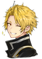 Rule 34 | 1boy, ;), absurdres, black jacket, blonde hair, boku no hero academia, commentary request, cropped shoulders, from side, grin, hair ornament, highres, jacket, kaminari denki, looking at viewer, looking to the side, male focus, multicolored clothes, multicolored jacket, notice lines, one eye closed, short hair, simple background, smile, solo, tena (tena 0711), two-tone jacket, white background