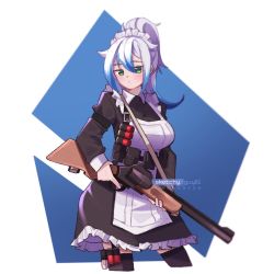 Rule 34 | ammunition, ammunition pouch, apron, black dress, blue background, blue hair, breasts, colored tips, commentary, commission, cropped legs, dress, english commentary, frosty (frosty winds), green eyes, gun, hair between eyes, highres, holding, holding gun, holding weapon, holster, large breasts, long sleeves, maid, maid day, maid headdress, mts255, multicolored hair, original, ponytail, pouch, revolver shotgun, second-party source, shotgun, shotgun shell, sketchy guy01, thigh holster, thighhighs, weapon, white apron, white background, white hair