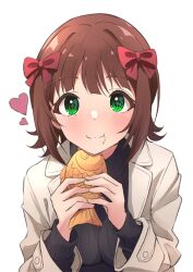 Rule 34 | 1girl, :t, absurdres, amami haruka, b1ack illust, black sweater, blush, breasts, brown hair, coat, eating, food, food on face, green eyes, hair ribbon, heart, highres, holding, holding food, idolmaster, idolmaster (classic), idolmaster million live!, long sleeves, looking at viewer, medium breasts, ribbon, simple background, smile, solo, sweater, taiyaki, upper body, wagashi, white background, yellow coat