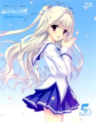 Rule 34 | 10s, 1girl, :d, blu-ray cover, blue background, blush, brown hair, cherry blossoms, copyright name, cover, cowboy shot, da capo, da capo iii, gradient background, hair intakes, hair ribbon, highres, long sleeves, looking at viewer, open mouth, purple eyes, ribbon, scan, school uniform, simple background, sleeve cuffs, smile, standing, tanihara natsuki, yoshino charles