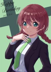 Rule 34 | 1girl, aqua eyes, artist name, artist request, black cardigan, black jacket, blouse, blue eyes, blush, braid, breasts, brown hair, cardigan, close-up, dated, emma verde, female focus, freckles, green background, green necktie, hair between eyes, hair tie, hand on own hip, highres, jacket, long hair, long sleeves, looking at viewer, love live!, love live! nijigasaki high school idol club, medium breasts, nail, nail polish, necktie, office lady, parted lips, pink nails, red hair, shirt, smile, solo, twin braids, twintails, white shirt, wing collar