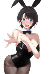 Rule 34 | 1girl, animal ears, bare shoulders, black bow, black bowtie, black hair, black leotard, black pantyhose, blue eyes, blush, bow, bowtie, breasts, cleavage, collar, commentary, covering breasts, covering privates, cowboy shot, detached collar, embarrassed, fake animal ears, haro art, highres, hololive, large breasts, leotard, looking at viewer, nose blush, oozora subaru, open mouth, outstretched arm, pantyhose, parted bangs, playboy bunny, rabbit ears, short hair, simple background, solo, strapless, strapless leotard, tearing up, tomboy, very short hair, virtual youtuber, white background, white collar