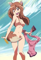 Rule 34 | 1girl, :d, absurdres, animal ears, breasts, brown hair, censored, unworn clothes, convenient censoring, covering privates, covering crotch, day, fangs, highres, holo, kill la kill, koshimizu ami, medium breasts, nipples, nude, open mouth, parody, red eyes, voice actor connection, sky, smile, solo, spice and wolf, straywolf, tail, tail censor, wheat, wolf ears, wolf tail