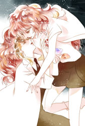 Rule 34 | 2others, androgynous, bad id, bad pixiv id, blonde hair, gem uniform (houseki no kuni), houseki no kuni, lab coat, long hair, multicolored hair, multiple others, necktie, open clothes, padparadscha (houseki no kuni), red eyes, red hair, rutile (houseki no kuni), shirt, short hair, shorts, smile, very long hair