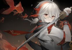 Rule 34 | 1boy, bandaged arm, bandaged hand, bandages, black gloves, closed mouth, crossed bangs, fingerless gloves, fish, genshin impact, gloves, goldfish, grey hair, hair between eyes, highres, holding, holding sword, holding weapon, japanese clothes, kaedehara kazuha, looking at viewer, luoming7040, male focus, multicolored hair, ponytail, red eyes, red hair, simple background, solo, streaked hair, sword, upper body, weapon, white hair