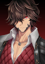 1boy black_background brown_hair code_vein collared_shirt commentary english_commentary expressionless hair_over_one_eye highres jewelry looking_at_viewer louis_(code_vein) male_focus necklace red_background red_eyes red_vest shirt short_hair solo two-tone_background upper_body vampire vest white_shirt yuki7128