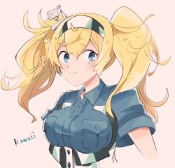 Rule 34 | 1girl, bad id, bad twitter id, blonde hair, blue eyes, blue shirt, blush, breasts, closed mouth, gambier bay (kancolle), hair between eyes, headband, itomugi-kun, kantai collection, large breasts, long hair, looking at viewer, pink background, shirt, simple background, solo, twintails