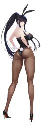 Rule 34 | 1girl, absurdres, animal ears, ass, bare shoulders, black hair, black leotard, blunt bangs, bow, bowtie, breasts, damegane, detached collar, eyelashes, fake animal ears, full body, hands on own hips, high heels, highleg, highleg leotard, highres, hip focus, large breasts, legs, leotard, long hair, looking at viewer, looking back, original, pantyhose, playboy bunny, ponytail, rabbit ears, rabbit tail, red eyes, sidelocks, simple background, smile, solo, tail, thighs, white background