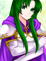 Rule 34 | 1girl, 74, armor, armored dress, breastplate, cape, cecilia (fire emblem), crossed arms, elbow gloves, female focus, fire emblem, fire emblem: the binding blade, gloves, green eyes, green hair, jewelry, long hair, looking at viewer, matching hair/eyes, nintendo, simple background, smile, solo, white armor, white gloves