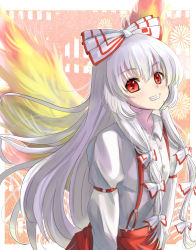 Rule 34 | 1girl, blush, border, bow, buttons, closed mouth, collared shirt, commentary request, fang, floral background, flower, fujiwara no mokou, gradient background, grey hair, grey shirt, hair between eyes, hair bow, juliet sleeves, long hair, long sleeves, looking at viewer, low-tied long hair, multicolored background, multicolored bow, orange background, outside border, pants, phoenix wings, pink background, puffy long sleeves, puffy sleeves, red bow, red eyes, red pants, shirt, sidelocks, smile, solo, standing, takenaka takeshi, teeth, touhou, white background, white border, white bow, white flower, wings