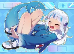 Rule 34 | 1girl, absurdres, blue hair, blue hoodie, blunt bangs, blush, closed eyes, drawstring, fins, fish tail, gawr gura, gawr gura (1st costume), hair ornament, highres, hololive, hololive english, hood, hoodie, hugging own legs, knees up, long sleeves, medium hair, multicolored hair, nyancul, open mouth, shark girl, shark tail, sharp teeth, shoes, smile, sneakers, solo, streaked hair, tail, teeth, two side up, virtual youtuber, white hair