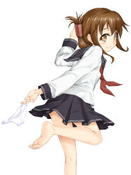 Rule 34 | 10s, 1girl, arm up, bare legs, barefoot, black skirt, brown eyes, brown hair, closed mouth, feet, folded ponytail, frown, holding, holding clothes, holding panties, holding underwear, inazuma (kancolle), kantai collection, leg up, long sleeves, looking at viewer, n haduki, neckerchief, panties, unworn panties, pleated skirt, running, school uniform, serafuku, sidelocks, simple background, skirt, soles, solo, tareme, toes, underwear, white background, white panties