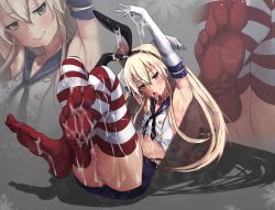Rule 34 | 1girl, arm up, armpits, ass, blonde hair, blush, cum, cum in mouth, cum on armpit, cum on body, cum on clothes, cum on hair, cum on lower body, cum on upper body, elbow gloves, facial, feet, gloves, hair ornament, highres, kantai collection, long hair, shimakaze (kancolle), skirt, soles, solo, steaming body, stray pubic hair, striped clothes, striped thighhighs, sweat, thighhighs, toes, tomodachi (tomofanart), tongue, tongue out