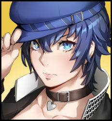 Rule 34 | 1girl, adjusting clothes, adjusting headwear, bad id, bad pixiv id, black border, blue eyes, blue hair, blue hat, border, closed mouth, collar, collarbone, expressionless, gakuran, hair between eyes, hand on headwear, hand up, hat, heart, heart-shaped pupils, jewelry, kunaboto, lips, pendant, persona, persona 4, school uniform, shirogane naoto, short hair, simple background, solo, symbol-shaped pupils, upper body, yellow background