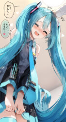 Rule 34 | 1boy, 1girl, :d, ^ ^, absurdres, bare shoulders, black skirt, black sleeves, blue hair, blue nails, blue necktie, blue thighhighs, blush, ceiling light, closed eyes, collared shirt, commentary, detached sleeves, grey shirt, hatsune miku, headpat, heart, highres, indoors, long hair, long sleeves, master (vocaloid), nail polish, necktie, open mouth, pentagon (railgun ky1206), pleated skirt, shirt, skirt, skirt hold, sleeveless, sleeveless shirt, smile, thighhighs, tie clip, translated, twintails, very long hair, vocaloid, wide sleeves