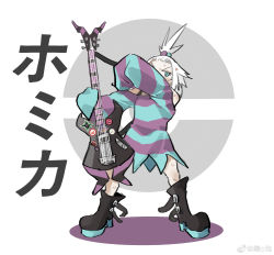 Rule 34 | 1girl, bass guitar, blue eyes, boots, creatures (company), dress, forehead, freckles, game freak, hair bobbles, hair ornament, highres, instrument, nintendo, pokemon, pokemon bw2, roxie (pokemon), solo, sticker, strapless, strapless dress, striped clothes, striped dress, sweat, topknot, white hair, zongchi