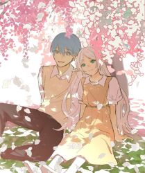 Rule 34 | 1boy, 1girl, arm support, black pants, blue eyes, blue hair, brown dress, brown sweater vest, chamwa, closed mouth, collared dress, collared shirt, commentary, day, dress, elf, falling leaves, flower, frieren, grass, green eyes, himmel (sousou no frieren), leaf, long hair, on ground, open mouth, outdoors, pants, pink flower, pointy ears, shirt, short hair, short sleeves, sitting, smile, sousou no frieren, sweater vest, symbol-only commentary, thick eyebrows, tree, white hair, white shirt