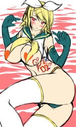 Rule 34 | 1girl, aged up, blonde hair, blush, breasts, censored, clothes lift, curvy, detached sleeves, elbow gloves, gloves, heart, huge breasts, kagamine rin, large breasts, panties, red eyes, ribbon, shirt lift, short hair, solo, stem (roam), thighhighs, underwear, vocaloid, white thighhighs