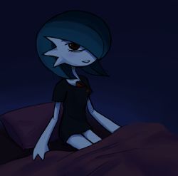 Rule 34 | 1girl, alternate color, bed, bed sheet, black shirt, blue background, blue hair, bottomless, creatures (company), female focus, game freak, gardevoir, gen 3 pokemon, hair over one eye, indoors, kurozu (clarion), looking at viewer, looking to the side, night, nintendo, pillow, pokemon, pokemon (creature), red eyes, shiny pokemon, shirt, short hair, short sleeves, simple background, sitting, smile, solo, teeth, torn clothes, torn shirt