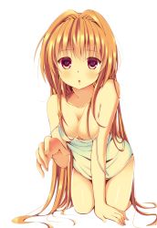 Rule 34 | 1girl, :o, arm support, bad id, bad pixiv id, bare shoulders, blonde hair, blush, breasts, cleavage, colorized, highres, humuyun, konjiki no yami, long hair, off shoulder, open mouth, red eyes, sekiyu., solo, strap slip, to love-ru, very long hair, white background