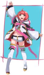 Rule 34 | 1girl, :d, blue background, blush, border, brown eyes, clenched hands, gold footwear, gundam, gundam n-extreme, highres, hood, hooded jacket, jacket, jeminiremu, looking at viewer, melina marronfitz, midriff, navel, open mouth, outside border, pink hair, short hair, smile, solo, thighhighs, walking, white border, white thighhighs