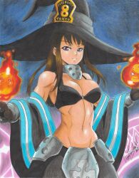 Rule 34 | 1girl, 2020, abs, armpits, artist name, bare shoulders, bikini, black gloves, black hat, black tank top, breasts, brown hair, closed mouth, cowboy shot, creature, en&#039;en no shouboutai, female focus, fire, fireball, firefighter, gloves, hat, highres, large breasts, long hair, maki oze, midriff, navel, o-ring, o-ring bikini, purple eyes, pyrokinesis, ravernclouk design, sidelocks, solo, standing, swimsuit, tank top, toned, traditional media, witch hat