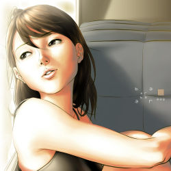 Rule 34 | 1girl, brown eyes, brown hair, chester ocampo, light, lips, looking away, sitting, solo, tank top, window