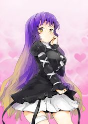 Rule 34 | 1girl, blonde hair, blush, breasts, clothes lift, commentary, commentary request, cross-laced clothes, dress, gradient hair, hand on own face, heart, heart background, hijiri byakuren, large breasts, long hair, looking at viewer, miniskirt, multicolored eyes, multicolored hair, purple hair, sinzan, skirt, skirt lift, solo, thighs, touhou, turtleneck, wavy hair