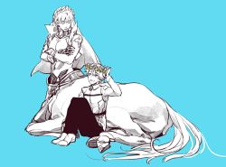 Rule 34 | 2boys, :d, bare shoulders, belt, blue background, blue eyes, centaur, claws, collared jacket, cropped jacket, crossed arms, fate/grand order, fate (series), fujimaru ritsuka (male), gauntlets, gilgamesh (fate), gilgamesh (caster) (fate), greyscale, head wreath, high collar, horns, jacket, jewelry, long sleeves, looking at another, looking to the side, male focus, monochrome, monsterification, multiple boys, necklace, open clothes, open jacket, open mouth, pants, shoes, shoulder tattoo, simple background, sitting, smile, spot color, tattoo, taur, tenobe, turban