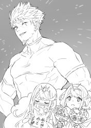 Rule 34 | 1boy, 2girls, absurdres, aged up, baffu, blush, facial hair, gem, goatee stubble, headpiece, highres, husband and wives, japanese text, male focus, monochrome, multiple girls, muscular, muscular male, mythra (xenoblade), pectorals, pyra (xenoblade), rex (xenoblade), smile, stubble, tiara, xenoblade chronicles (series), xenoblade chronicles 2, xenoblade chronicles 3, xenoblade chronicles 3: future redeemed