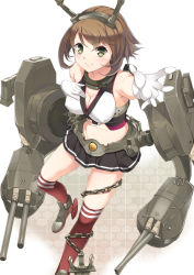 Rule 34 | 10s, 1girl, bad id, bad pixiv id, bare shoulders, blush, breasts, brown hair, cannon, chain, cleavage, gloves, green eyes, headgear, kantai collection, large breasts, midriff, miniskirt, mutsu (kancolle), personification, red thighhighs, short hair, skirt, smile, solo, thighhighs, turret, white gloves, yappen, yatsu (sasuraino)