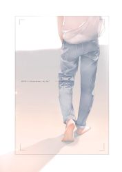 Rule 34 | 1boy, backlighting, barefoot, head out of frame, jeans, male focus, original, pants, re degrees (red flagship), shirt, solo, watermark, web address, white shirt