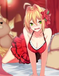 Rule 34 | 10s, 1girl, ahoge, arm support, bare shoulders, bed, blonde hair, blush, breasts, cleavage, collarbone, dress, fang, fate/extra, fate/grand order, fate (series), flower, green eyes, hair between eyes, hair flower, hair intakes, hair ornament, highres, looking at viewer, medium breasts, nebusoku, nero claudius (fate), nero claudius (fate) (all), nero claudius (fate/extra), official alternate costume, on bed, open mouth, pillow, red dress, sleeveless, sleeveless dress, solo, stuffed toy, v arms