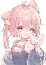 Rule 34 | 1girl, absurdres, ahoge, animal ear fluff, animal ears, bare shoulders, blue eyes, blue jacket, blush, breasts, cat-shaped pupils, cat ears, commentary request, food, hand up, highres, holding, holding food, holding ice cream, ice cream, jacket, long hair, looking at viewer, medium breasts, name tag, off shoulder, original, pink hair, popsicle, school swimsuit, sidelocks, simple background, solo, swimsuit, symbol-shaped pupils, tail, upa papa co, white background