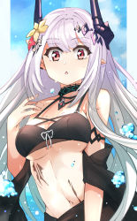 Rule 34 | 1girl, arknights, bare shoulders, bikini, black bikini, black choker, breasts, choker, commentary, flower, hair flower, hair ornament, haku (grimjin), hand up, highres, horns, infection monitor (arknights), large breasts, long hair, looking at viewer, material growth, mudrock (arknights), mudrock (silent night) (arknights), navel, official alternate costume, oripathy lesion (arknights), parted lips, pointy ears, red eyes, solo, stomach, swimsuit, upper body, very long hair, white hair