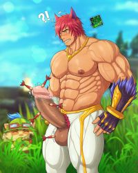 Rule 34 | 2boys, abs, absurdres, animal ears, armpit hair, armpits, bara, biceps, blood, blurry, blurry background, bush, chest hair, cloud, cloudy sky, coco342, dart, erection, fingerless gloves, gauntlets, gloves, goggles, grass, guro, hat, highres, huge penis, jewelry, large pectorals, league of legends, male focus, manly, mature male, multiple boys, muscular, muscular male, navel, navel hair, necklace, nipple piercing, nipples, outdoors, pants, pectorals, penis, piercing, precum, pubic hair, red hair, scar, scar on face, scar on nose, sett (league of legends), sky, spiked hair, sunlight, sweat, sweatdrop, teemo, teeth, testicles, thick arms, thick eyebrows, thick thighs, thighs, tight clothes, veins, veiny arms, veiny penis, yellow eyes
